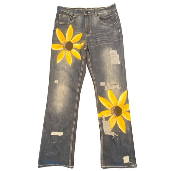 Size 32 Safari Denim Customized Distressed & Painted Jeans - Picture 1 of 15